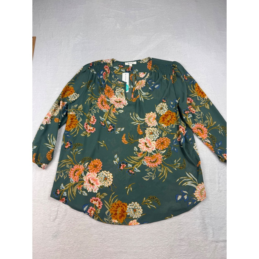 Monday Fun Floral Split Neck Blouse Green Pink Orange 1X FD88267P-6